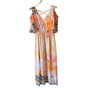 Enfocus Studio Orange Pink Watercolor Floral Cold Shoulder Maxi Dress in Size 4